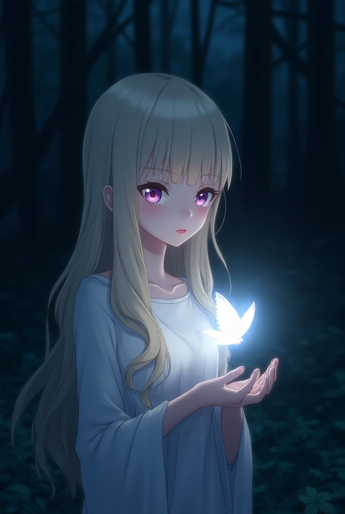  woman in her 18 blonde straight and long hair , Lilac and pink eyes , angelic appearance reddish lips and calm expression anime style Jujutsu Kaisen simple in the background of a dark forest your face 3/4 to the right your hands gently holding a white but...