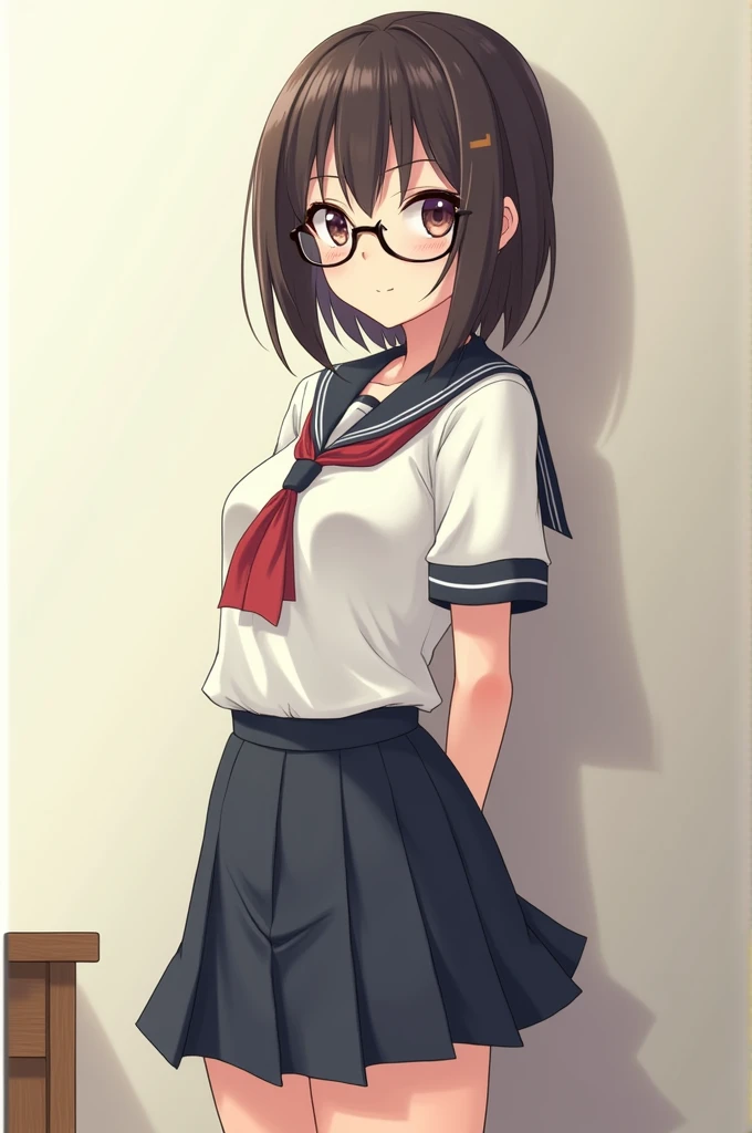 Nerdy anime girl with ,  school uniform , glasses big thighs and big breasts