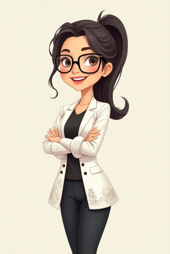 I need a cartoon of a woman with elbow-length hair in black,  tied in a ponytail , Who wears thin black glasses and has a nice smile, your tan skin tone, dressed in black pants and a white coat with drawings, She is a teacher