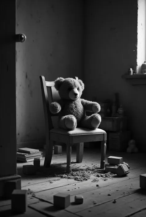 the black and white photograph captures a poignant scene of a teddy bear sitting on a small chair, its one remaining eye gazing ...