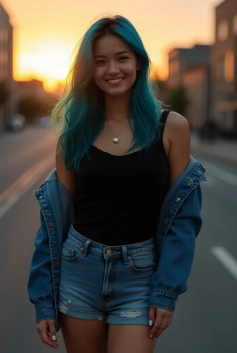 Create a photo of a 25 year old North American girl, she has blue hair, long and straight, green eyes, white skin, medium breasts, athletic body, she is wearing faded denim shorts just above her knees, blouse black with a small neckline, denim jacket, she ...