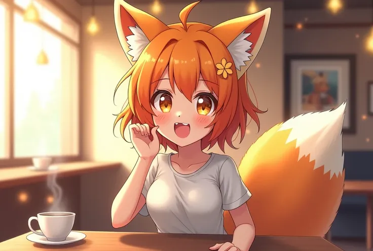  Short orange hair, fox ears, bald tail, golden eyes, playful smile, anime, Anime style, Angle, Lens glare, Shine,  Hair flower ,  Stick your tongue out, saliva,  best quality , solo, 1 girl, in a skirt and top , at a table in a cafe 