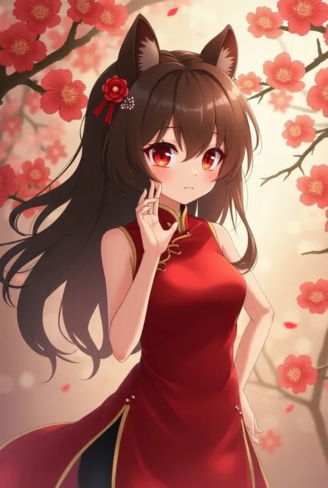 1 bear girl, ruby eyes, bear ears, brown hair, (smile:0.9), closed mouth, cute, 
side slit, cheongsam, hair tie, 
ok sign, 
branch, peony, fusuma, feng shui, multidimensional unification,
sharp focus, looking at viewer, cowboy shot, 
(intricate:1.1), (crim...