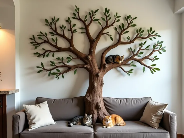  A tree full of branches y algunas hojas  (((in the living room of a house, el tronco del arbol empieza pegado a la pared al lado del sofá  y las ramas se expanden por encima de una sofá)))  and adapted to be a  (((  scratcher ))) of cats .  It has many br...