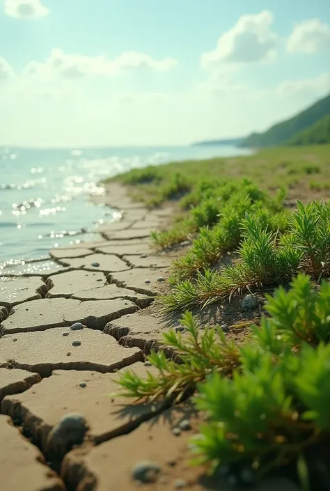 "Waters recede ,  revealing dry land for the first time ,  covered by fertile soil that soon begins to sprout with small plants and green grass."
