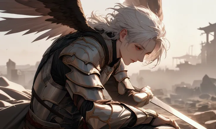 Imagine a warrior with long white hair, he has armor and agile wings, he looks like a great warrior, he carries a sword on his back, ultra detailed, his eyes are red