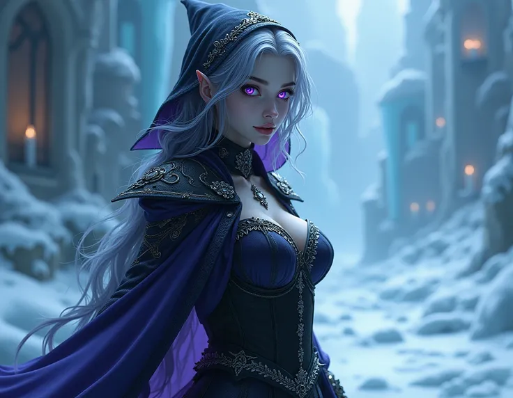 beautiful goth wizard, large breasts, fantasy, purple eyes, medieval clothes, ice background, digital art style