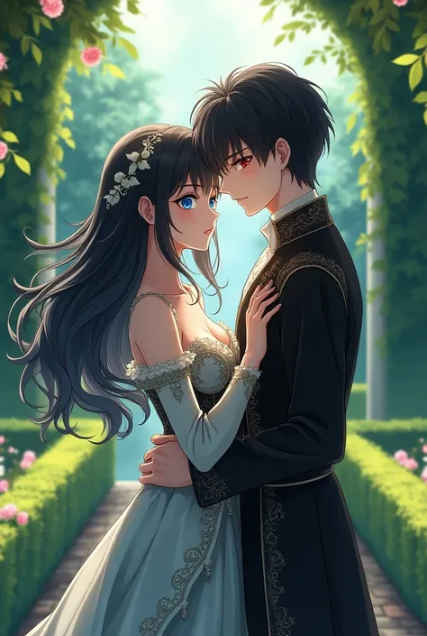 I saw my crush walk outside in a garden: a woman in a medieval outfit, a man in a medieval outfit. 
They were far away 
Woman with black hair with blue eyes 
Man with black hair and red eyes 
Anime style.
 