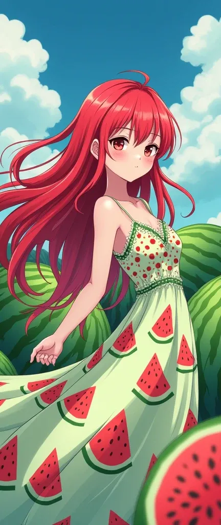 Watermelon anime girl long hair, long dress with watermelon pattern, red hair, watermelon background