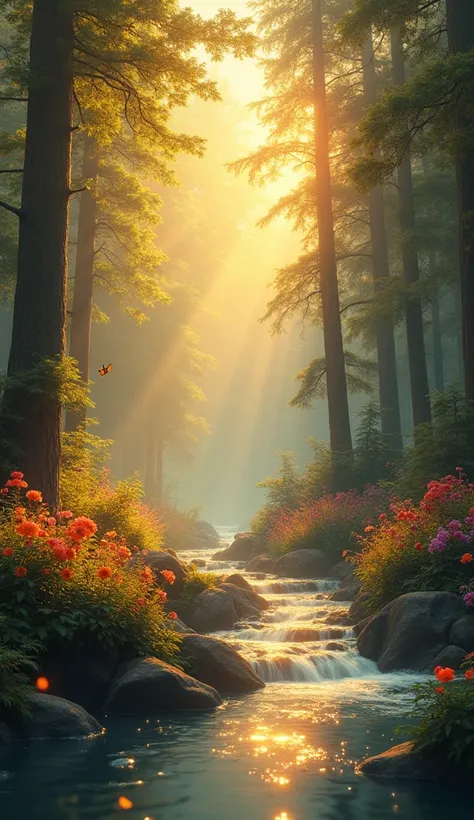 A magical, serene forest scene illuminated by warm, golden sunlight streaming through tall trees. The light casts a mystical glow on the flowing river, surrounded by vibrant flowers and lush vegetation. Gentle ripples and sparkles on the water reflect the ...