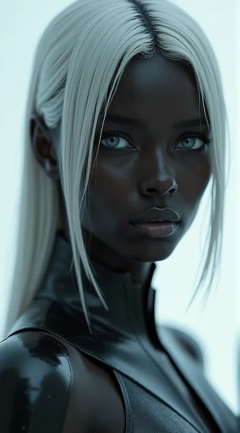  Beautiful young woman with dark skin with gray eyes, straight and silver hair , wearing futuristic clothing  , with a very stylized thin face.