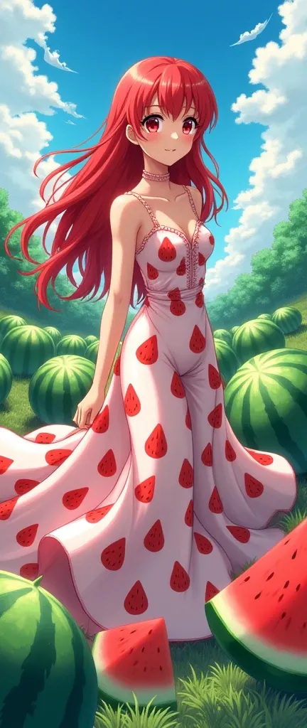 Watermelon anime girl long hair, long dress with watermelon pattern, red hair, watermelon background