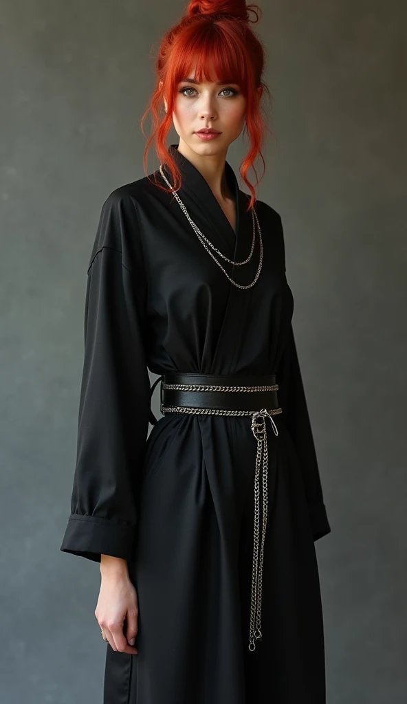  Femme cheveux rouge cuivré naturel, rousse bouclée dans une robe de style chinois entièrement noire, avec ceinture punk avec chaîne , avec des chaussures Mary Jane et des chaussettes fines noires courtes
