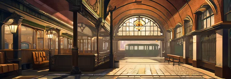 lcas artstyle an old subway station from the early 1900s, with arched ceilings and detailed mosaic tiles on the walls. the platf...