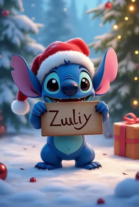 Stitch at Christmas with a sign that says Zuly