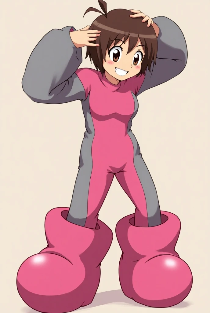 Chica anime.  Big brown eyes  .Gran Sondrisa  .  short brown hair .  Pink jumpsuit in the middle and gray on the sides with big round pink sleeves .  and big pink boots .
