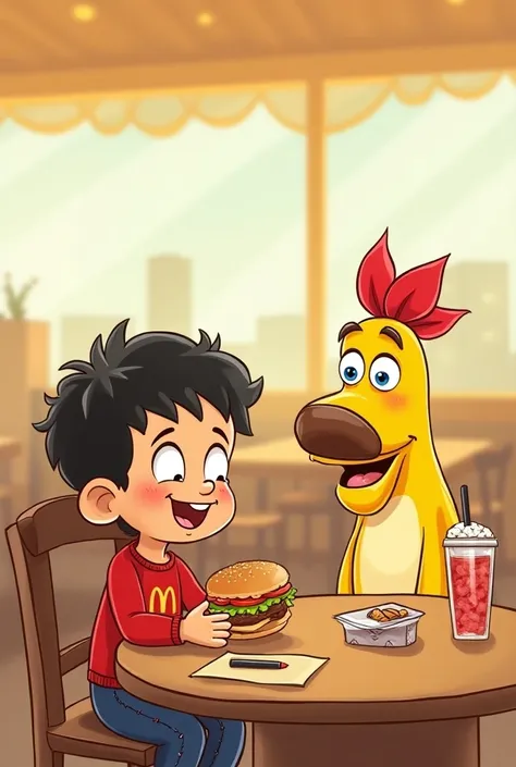  Draw a table at McDonalds where the child is sitting,  looking at her menu or waiting with her family .
 Add the animated character of the experience  ( for example , " Frida la Frita ")  in a fun and colorful style .
 You can make  " Frida la Frita "  sa...