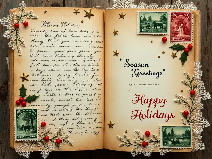 on The junk journal page is Handwritten notes and delicate ink stamps mark the page, with phrases like "Season’s Greetings" and “Happy Holidays” in rich green and red tones. Authentic postal stamps in vintage Christmas designs—featuring holly, reindeer, an...