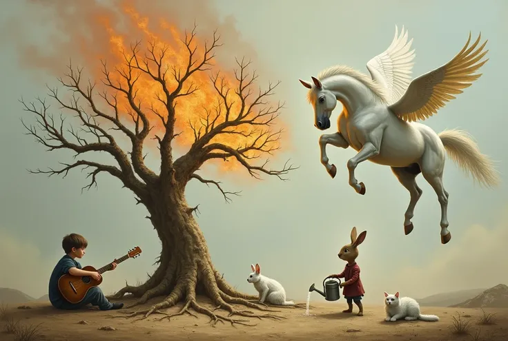  Rabbit watering a dry tree while a white horse burns it with its wings, a white cat thrown at the foot of the tree a boy with a guitar at par 