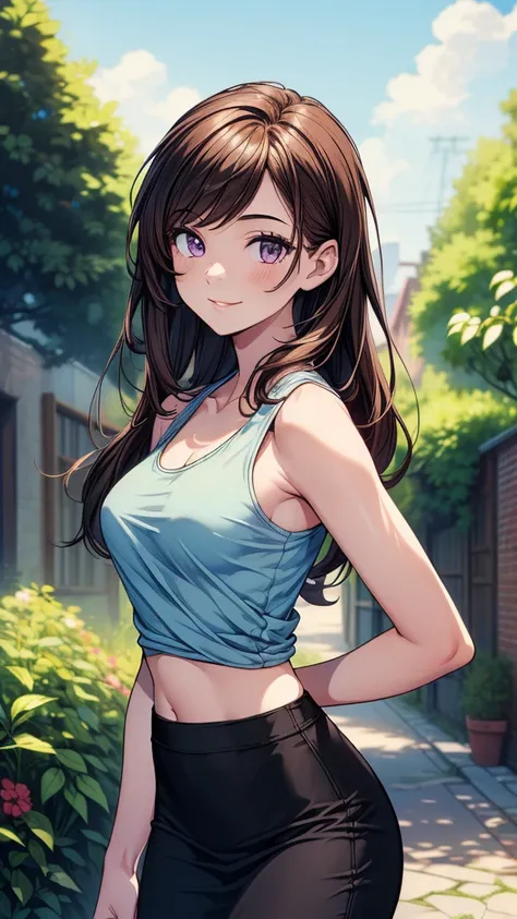 ((((masterpiece, best quality:1.8, high detail)))), ((1girl)), (beautiful woman), looking at viewer, smile, bright purple eyes, solo focus, long hair, ((brown hair)), hairpin, ((light blue tank top)), (black midi pencil skirt), slim body, midriff, navel, s...