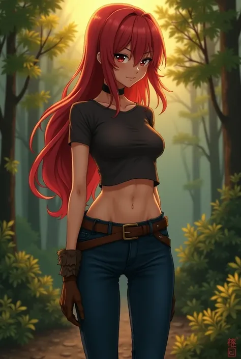 sexy anime girl, full body ,very long red hair,About an eye, tight dark blue jeans,short t-shirt,short sleeves,Evening,forest, t-shirt showing her big butt , brown belt ,Scared brown boots,rear size 70km