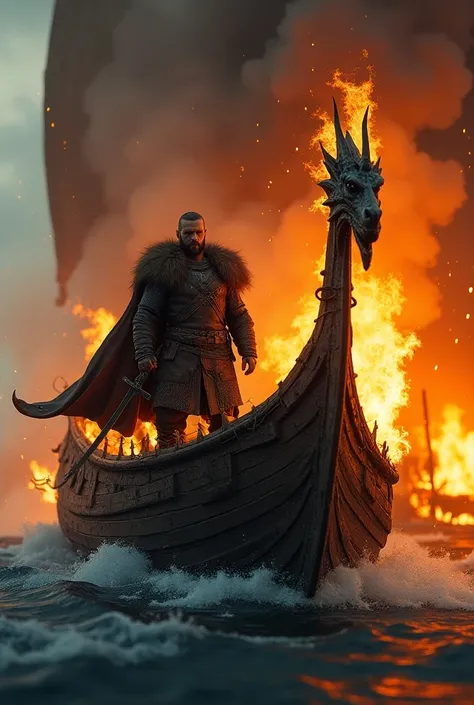 (Photorealism:1.2) image of a burning Viking ship with a dragon-headed bow ,  focused on the bow of the boat where the Viking captain is posted in combat position