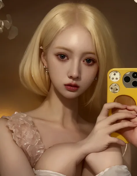 blond girl with piercings holding up a cell phone with a teddy bear on it, ulzzang, kim doyoung, pale porcelain white skin, pale milky white porcelain skin, anime girl in real life, very very pale blond hair, extremely pale blond hair, pale glowing skin, i...