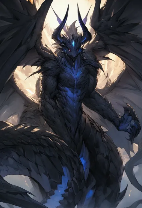 A black dragon with black dragon wings with black blue eyes with two dark blue horns with a bright blue scar across its left eye 