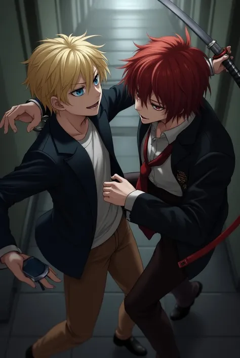 Boy with medium long blonde hair and blue eyes dressed in black gabardine , white t-shirt and brown pants wearing handcuffs fighting a boy with shoulder-length hair in dark red and red eyes in a black and red school uniform with a tie who wears a katana.