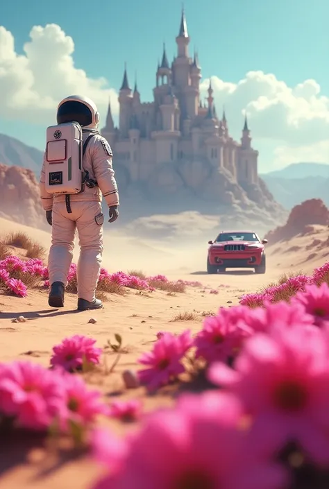 Astronaut, Castle, Car Crossing Desert Full of Pink Flowers, Ross Tran. Landscape Background, Highly Detailed 4K Digital Art, Highly Detailed Digital Art, Great Art Style, Beeple and Tim Hildebrandt, Fine Art Illustration, Cyril Roland and Goro Fujita, Sur...