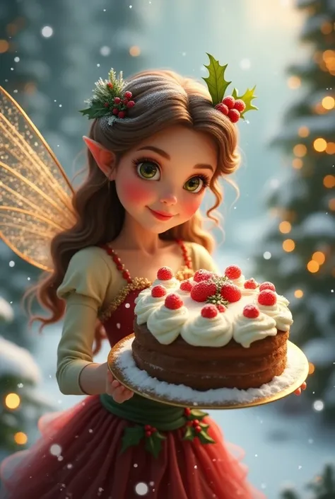 A fairy with cake,  brown hair and wings, Christmas 