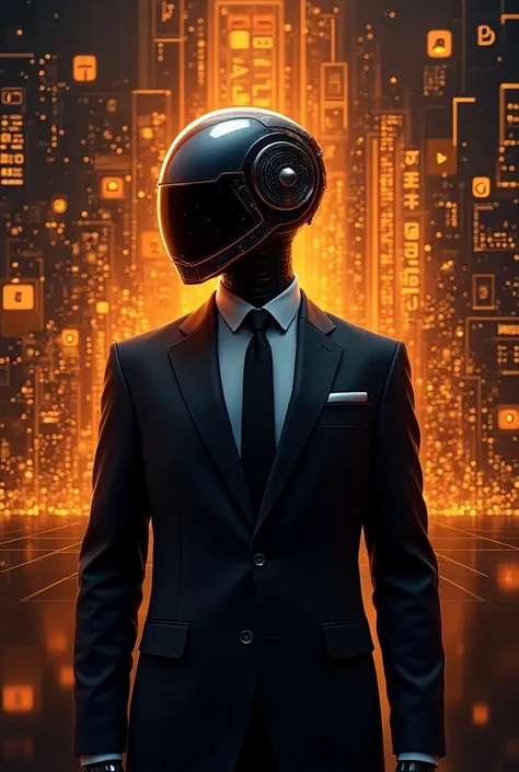  Create a dynamic and modern binder cover for a digital marketing and advertising agency,  with a futuristic character in formal attire ,  using a mask or helmet stylized in metallic tones ,  that transmits an innovative and technological air .  The backgr...