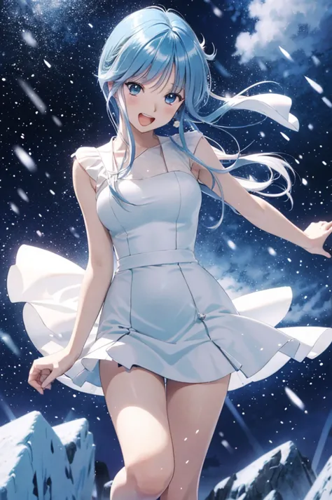 masutepiece, Best Quality, Yukime V4, 1girl in, Solo, Long hair, Smile, Open mouth, Simple background, ((Dress, long-one-piece dress, White Dress, wedding dress)), Sitting, Cowboy Shot, Ice, Snow,