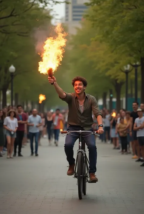 A young man cycling through a bustling city park unexpectedly encounters a street performer juggling flaming torches right by the bike path. He brakes hard to avoid disrupting the performance, and onlookers laugh and clap as he regains his balance, giving ...