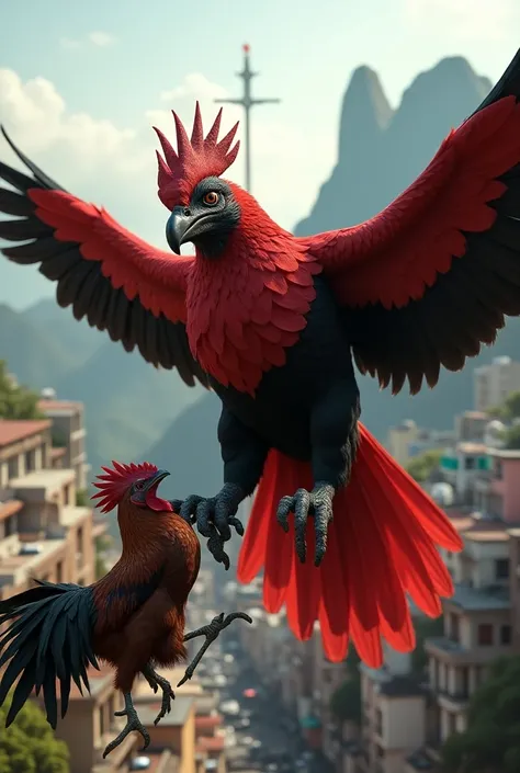 Create the real 3D image of an ububu king ,  bird dressed in the colors of Flamengo colors red and black ,  the vulture bird will be slaughtering a rooster bird and the setting will be an image of Rios favelas and an image of Christ the Redeemer in the bac...