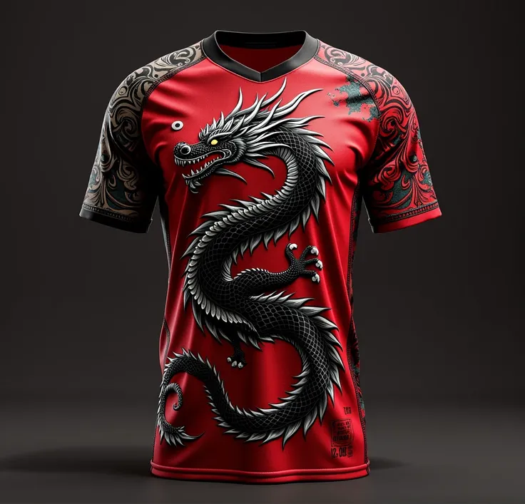 Make a team jersey with a dragon on the back and front with a ying yang and the very detailed t-shirt with various Roman details and all red and black