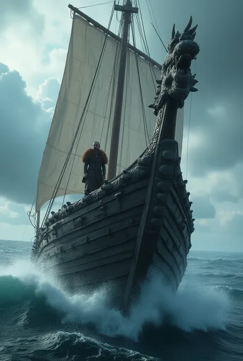 (Photorealism:1.2) Image of a Viking ship in a storm with a dragons head bow,  focused on the bow of the boat where the Viking captain is posted in combat position