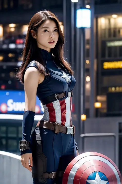 masterpiece,  1 girl, beautiful woman、marvel's captain america , delicate and delicate features,  american dream ,  holding a ro...