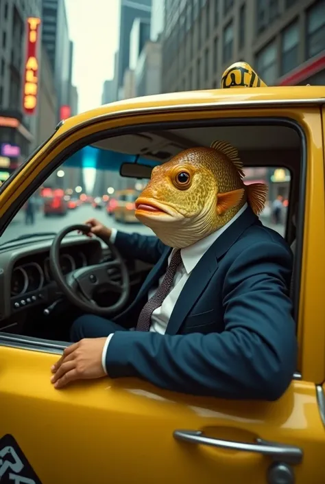 Tilapia driving a taxi in a suit

