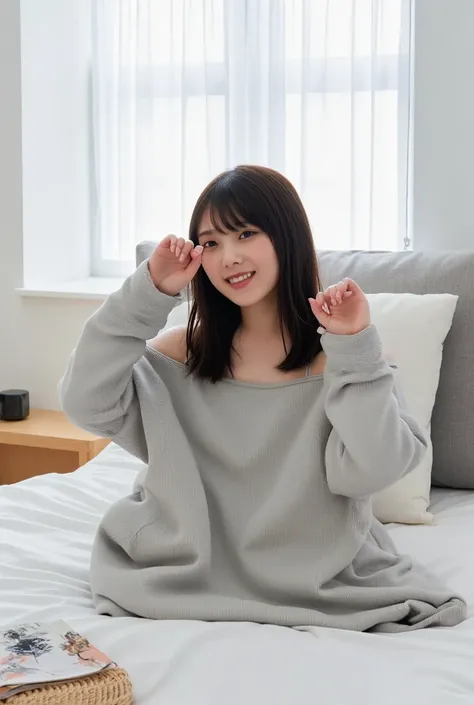 Full body shot from the front、Wear off-the-shoulder mini one-piece pajamas, bend your knees, spread your legs, take a cross-legged pose, and sit while looking at me, Slender bare legs 、smile、The background is a monotone 

