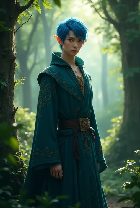 A wizard elven man with short blue hair
