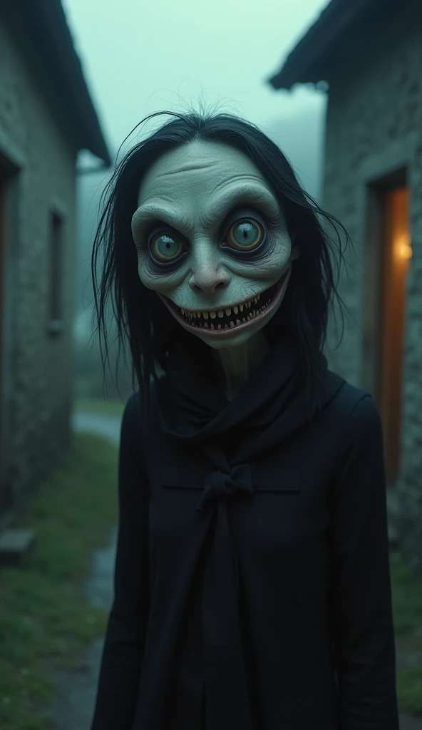 a creature with pale skin, frightening translucent eyes, sharp teeth and a bizarre wide, devious smile. is in a dark and poorly lit village, scaring the residents.