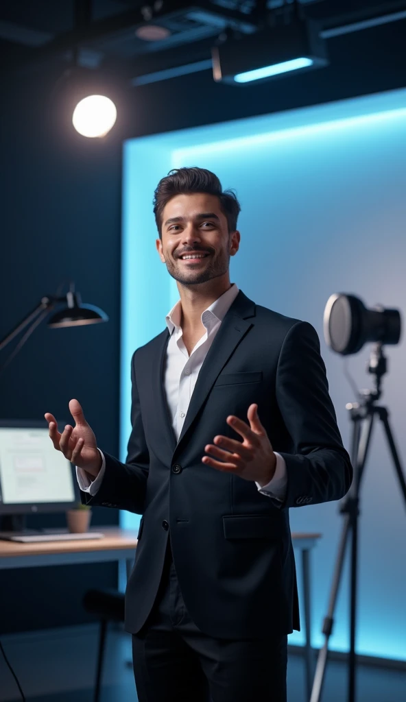 Create a handsome guy who talks in front of the screen in a streaming room 