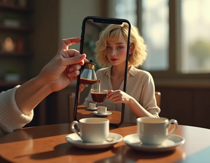 A surreal artwork depicting a Right hand holding a smartphone displaying a 3D scene. Inside the phone, a blonde woman with a bob haircut and curly hair is sitting at a round wooden table drinking coffee. The left hand is outside the phone pouring coffee fr...