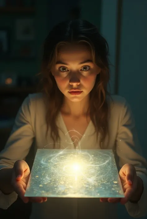 surprised woman seeing a table shining in her house