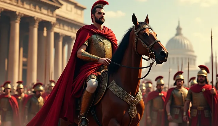 Marcus Aurelius emperor of Rome in his empire on his horse at his bottom his army 