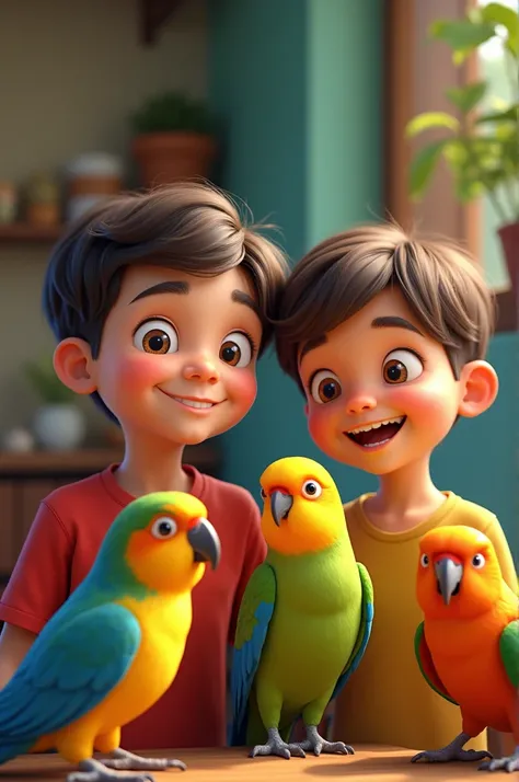 A family with two boys and two pet ren, two parakeets and a parrot.