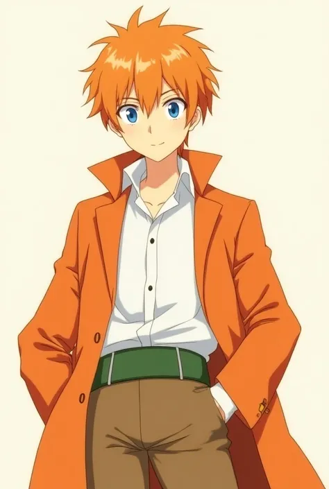 Create an orange-haired character an orange coat a white blouse blue eye a green belt a brown pants anime version mens version 