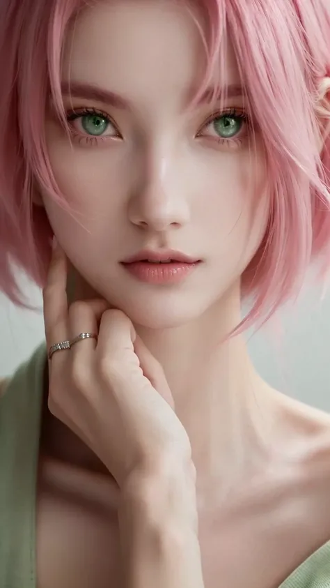 Beautiful girl with pink hair and green eyes , beautiful girl with green eyes, beautiful girl with pink hair, beautiful girl with short hair 