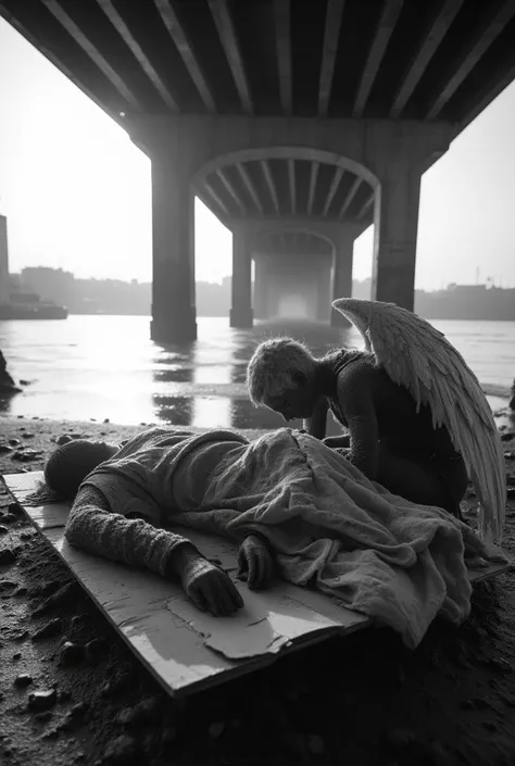 the black and white photograph captures a poignant scene of an angel crouching over a homeless person sleeping on a cardboard un...